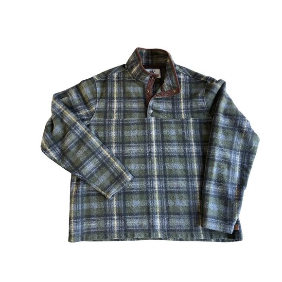 John Wayne 2XL Green & Gray Plaid Pullover Shirt With Leather Trim Wool Blend - Picture 2 of 8